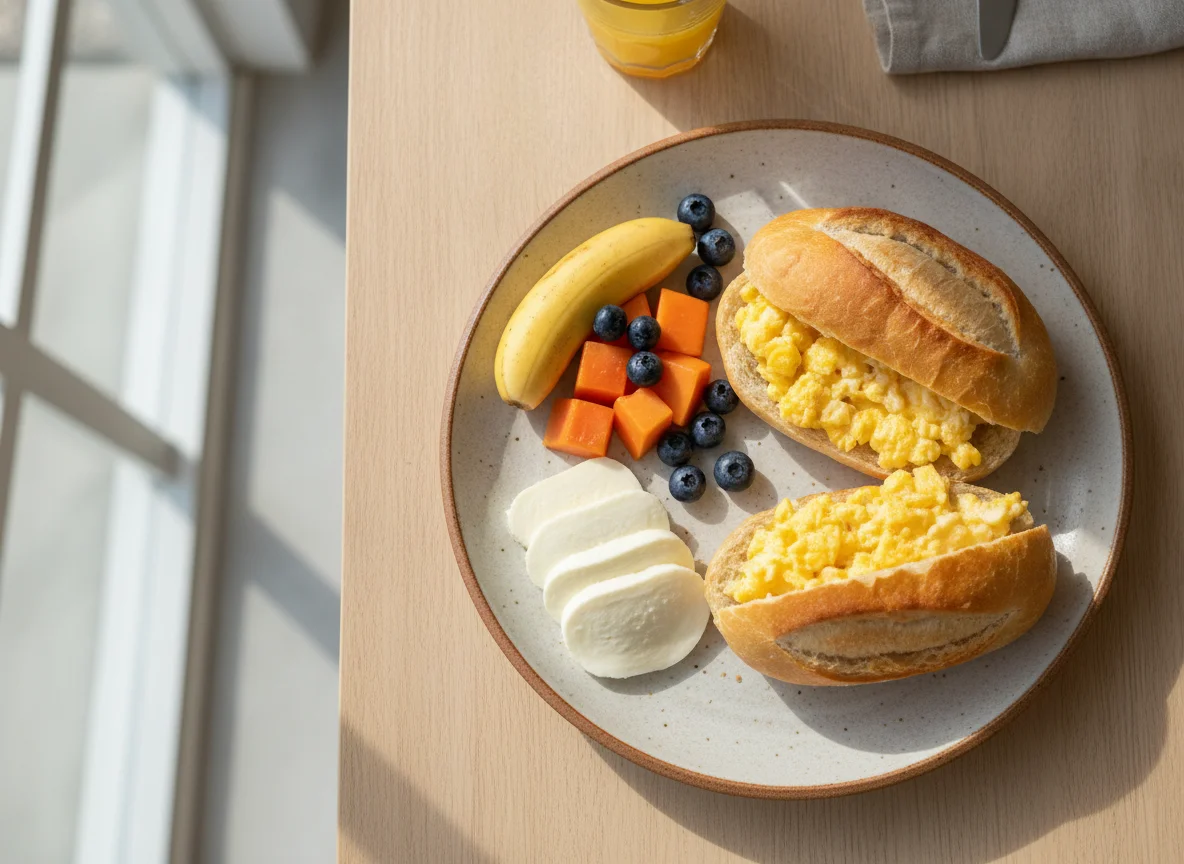Café da manhã com pão, ovos, queijo e frutas photo