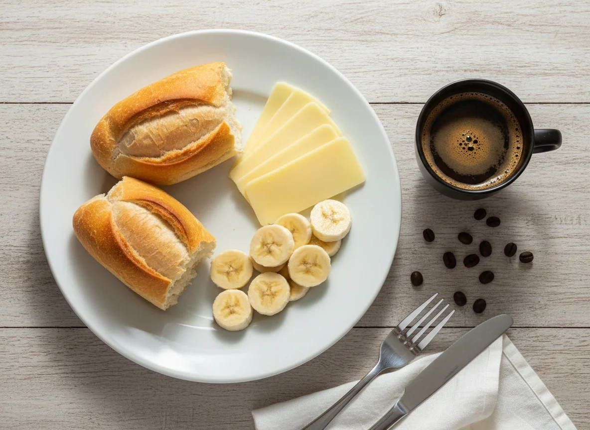 Café da manhã com pão, queijo, banana e café photo
