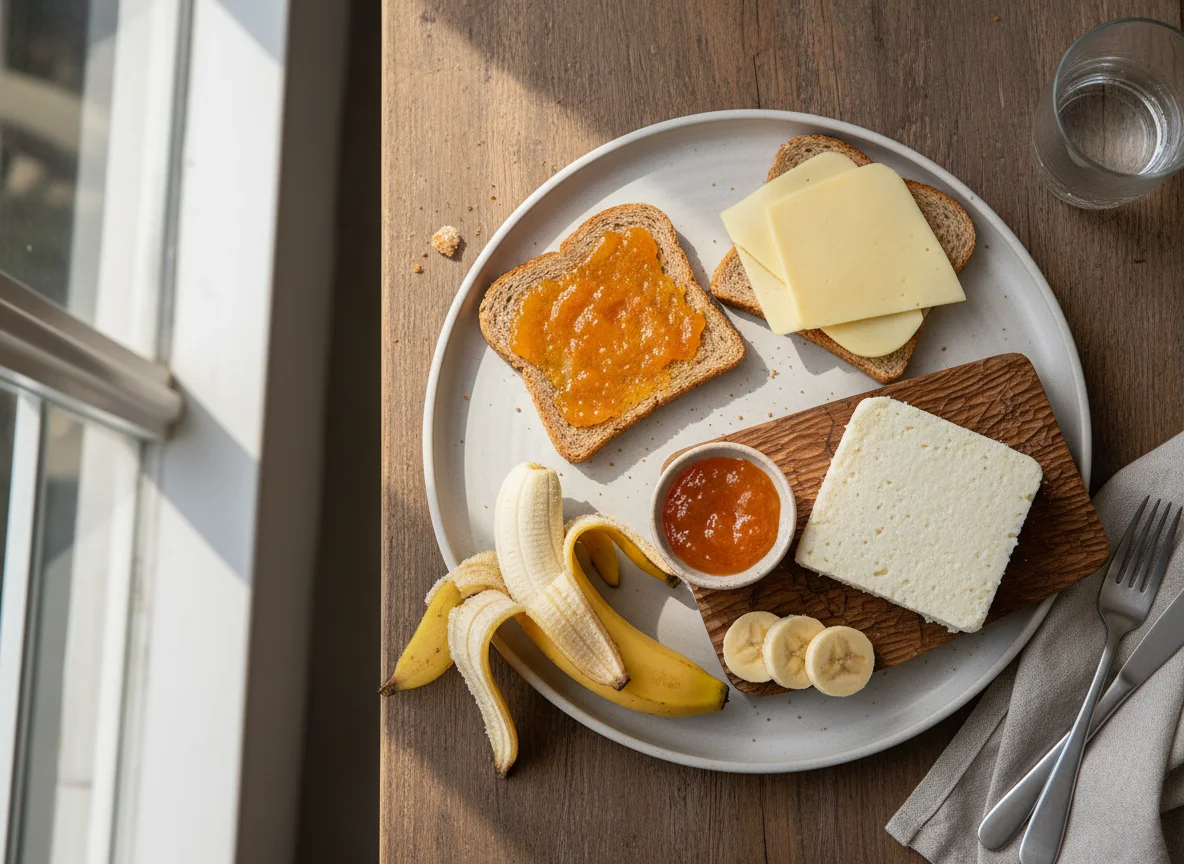 Café da manhã com pão, queijo, banana e geleia photo