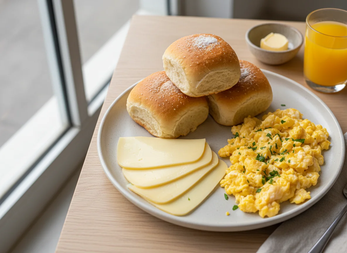 Café da manhã com pão, queijo e ovos mexidos photo