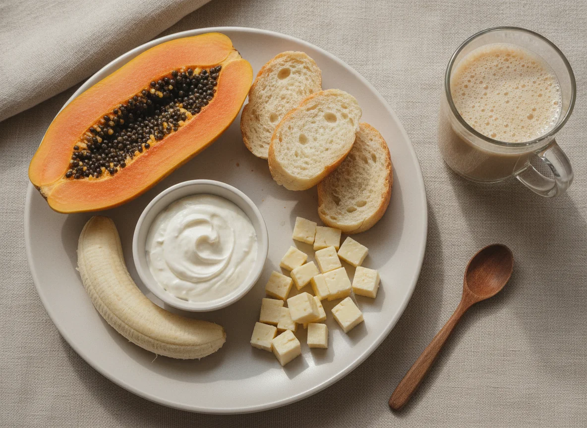 Café da manhã com pão, queijo, frutas e café com leite photo