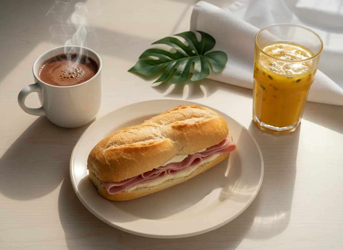 Café da manhã com pão recheado, chocolate quente e suco photo