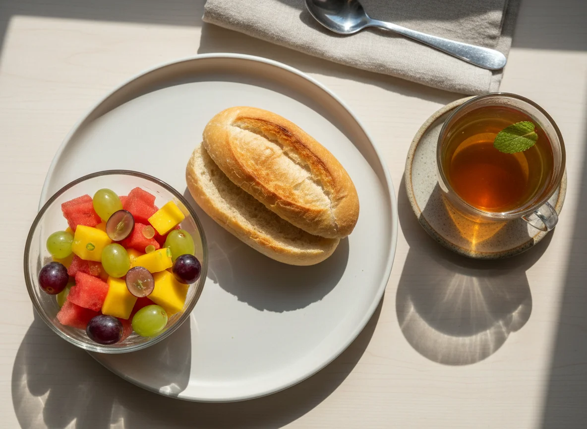 Café da manhã com pão, salada de frutas e chá photo