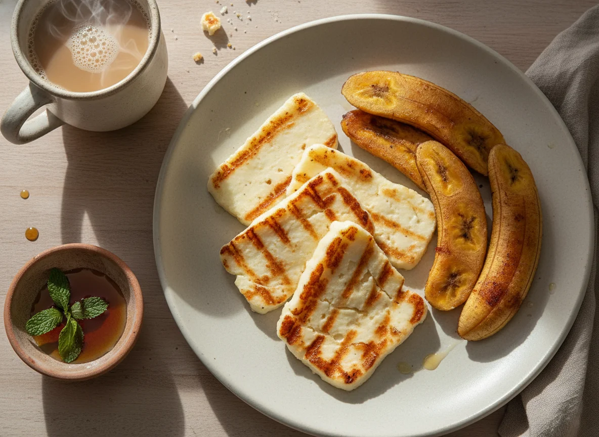 Café da manhã com queijo coalho e banana da terra photo