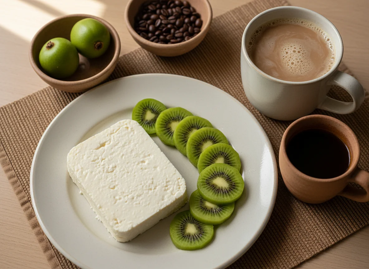 Café da manhã com queijo, kiwi e café com leite photo