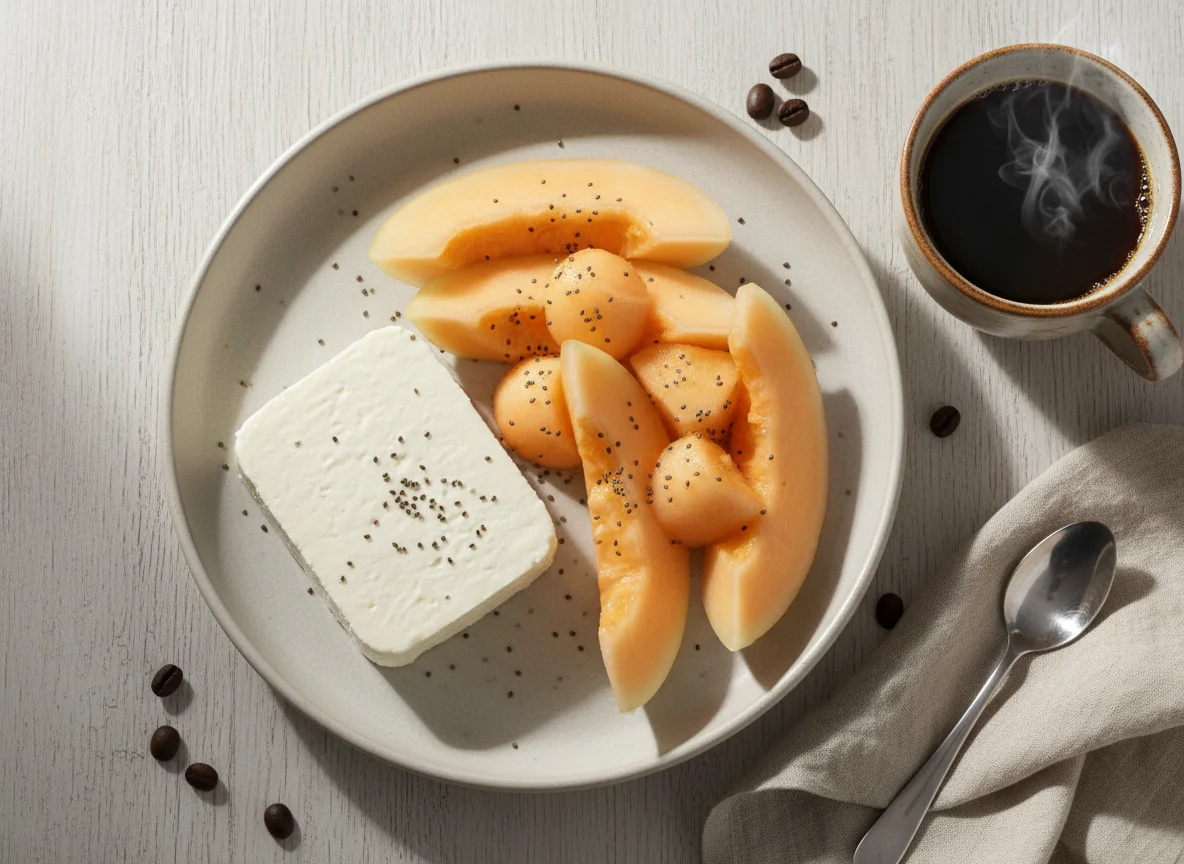 Café da manhã com queijo, melão e café photo
