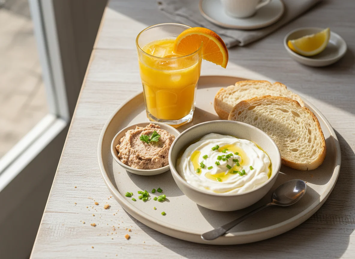 Café da manhã com requeijão, suco de laranja e patê de atum photo
