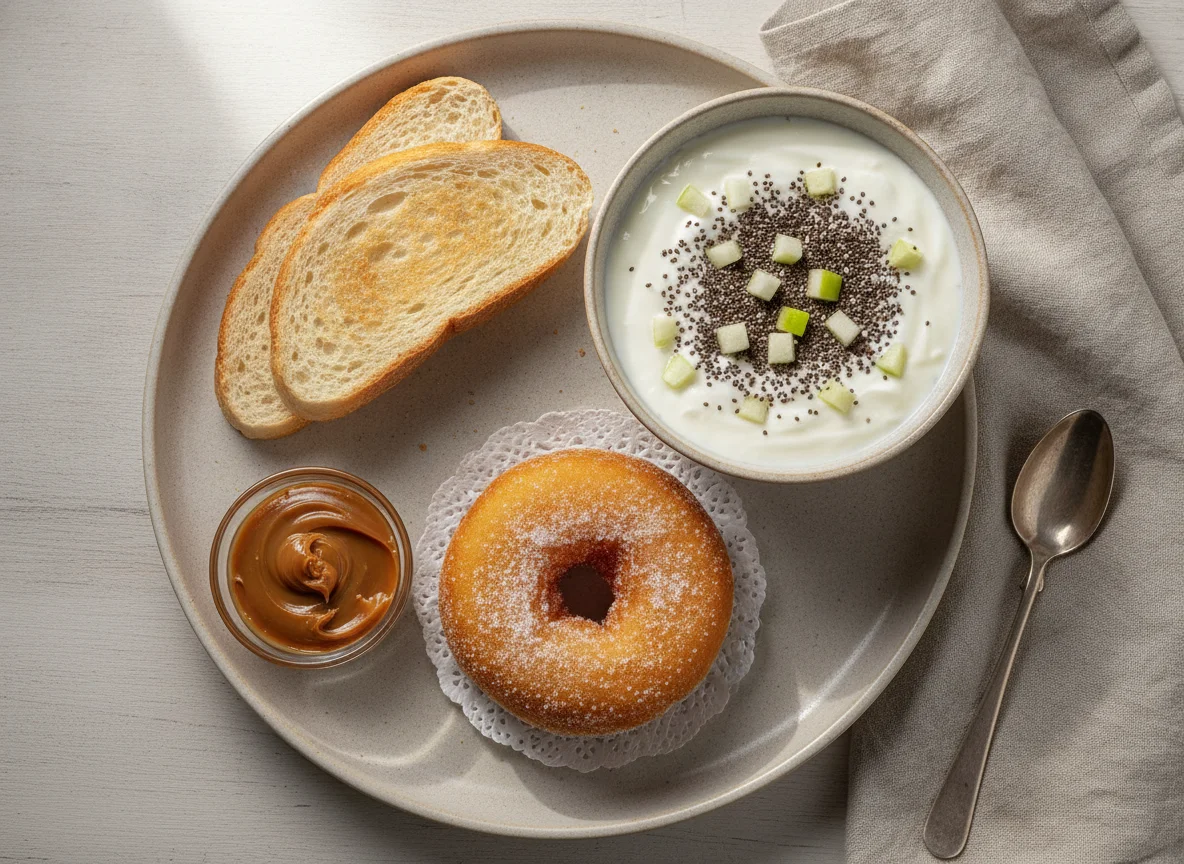 Café da manhã com rosquinha frita e iogurte com chia photo