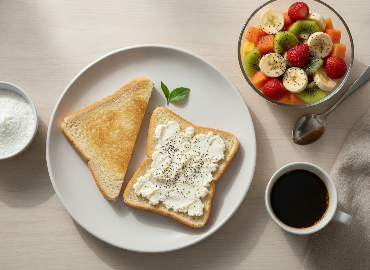 Café da manhã com salada de frutas e torrada photo