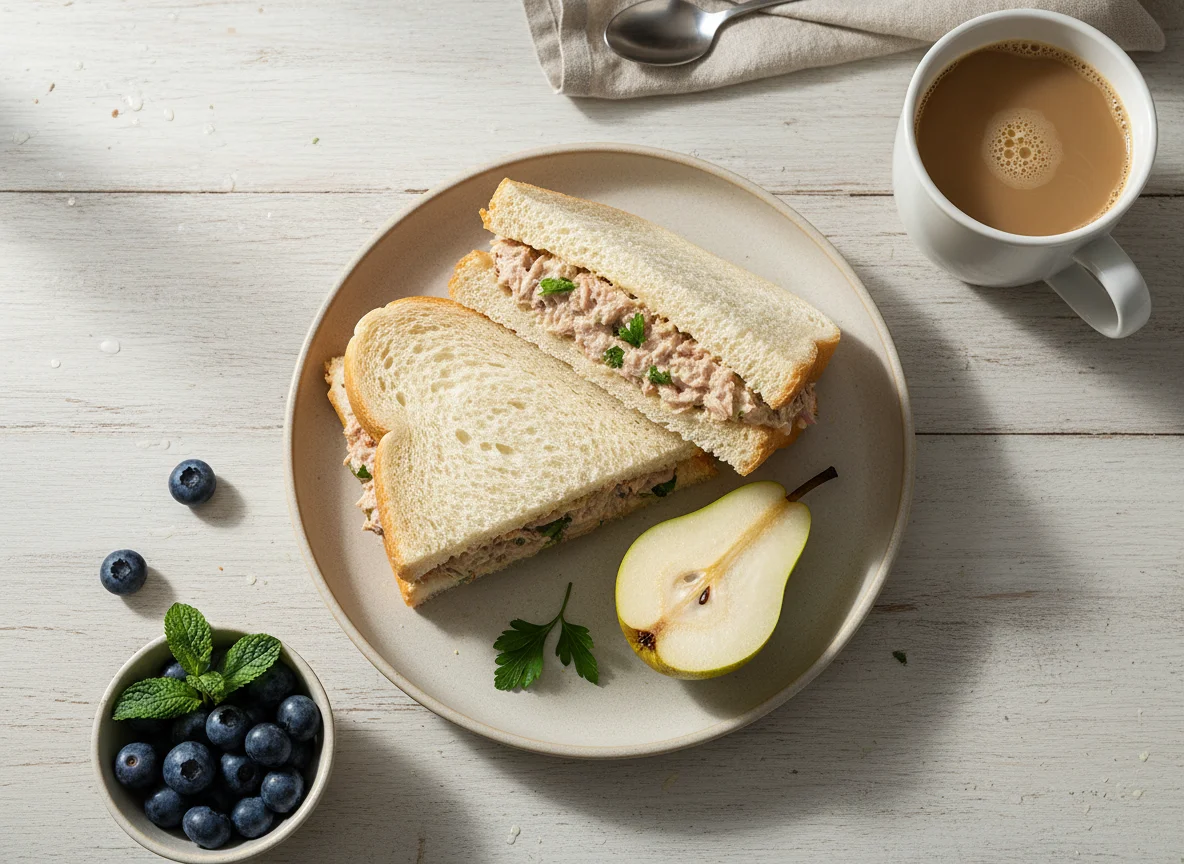 Café da manhã com sanduíche de atum e frutas photo