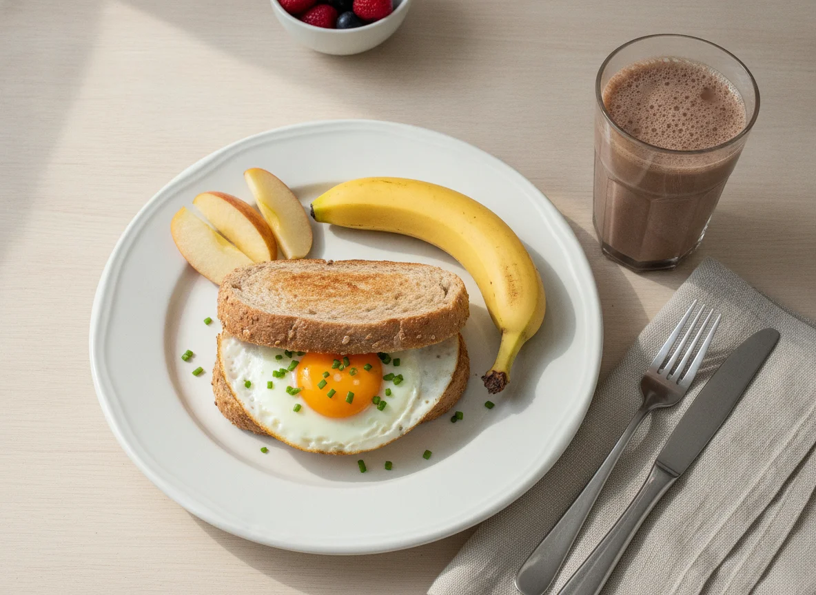 Café da manhã com sanduíche de ovo, frutas e achocolatado photo