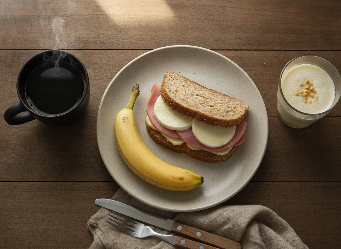 Café da manhã com sanduíche de presunto, banana e bebidas photo