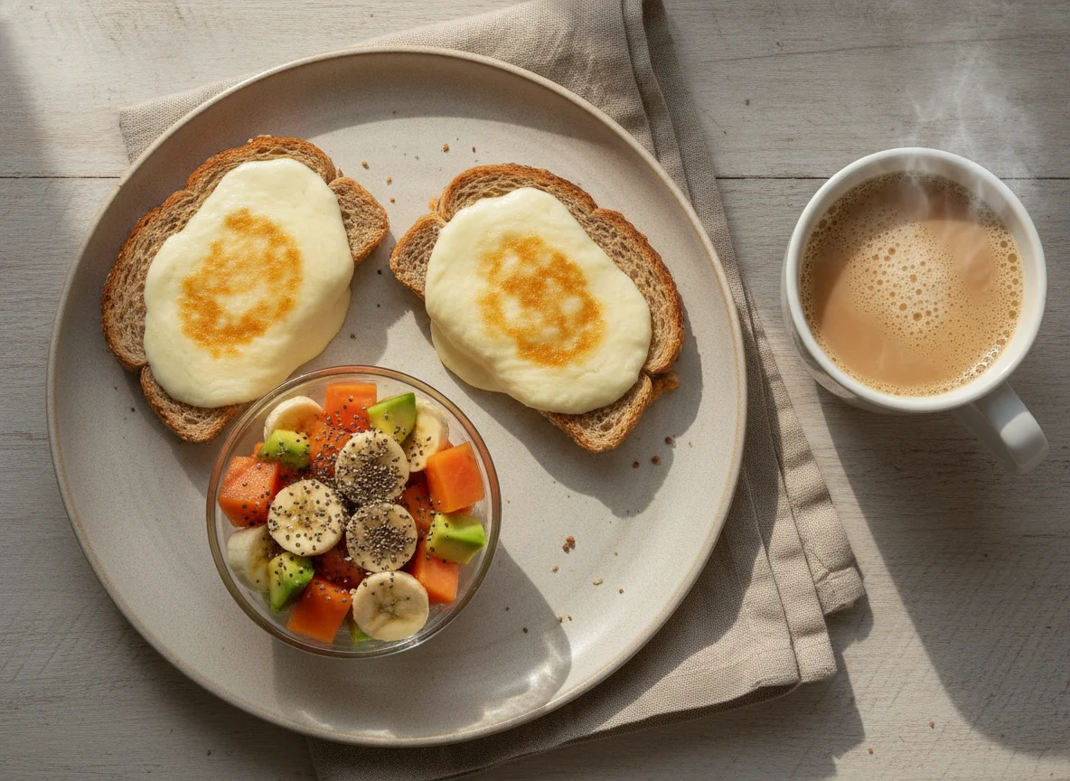 Café da manhã com sanduíche de queijo, salada de frutas e café com leite photo