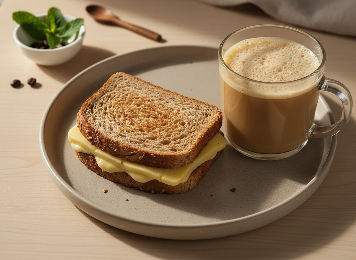 Café da manhã com sanduíche e bebida láctea photo