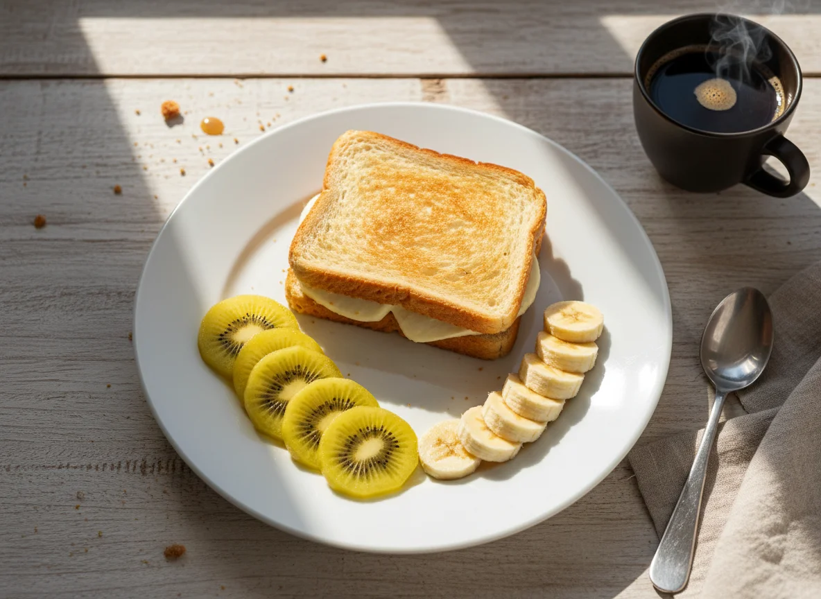 Café da manhã com sanduíche e frutas photo
