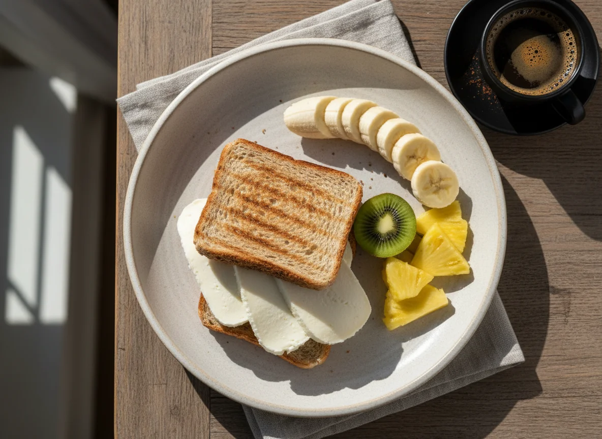 Café da manhã com sanduíche, frutas e café photo
