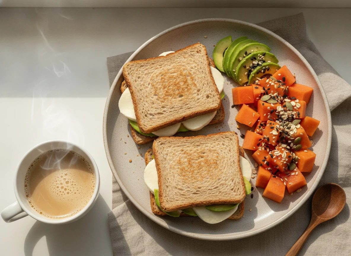 Café da manhã com sanduíche integral, frutas e café com leite photo