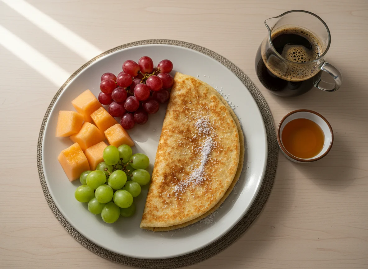 Café da manhã com tapioca e frutas photo