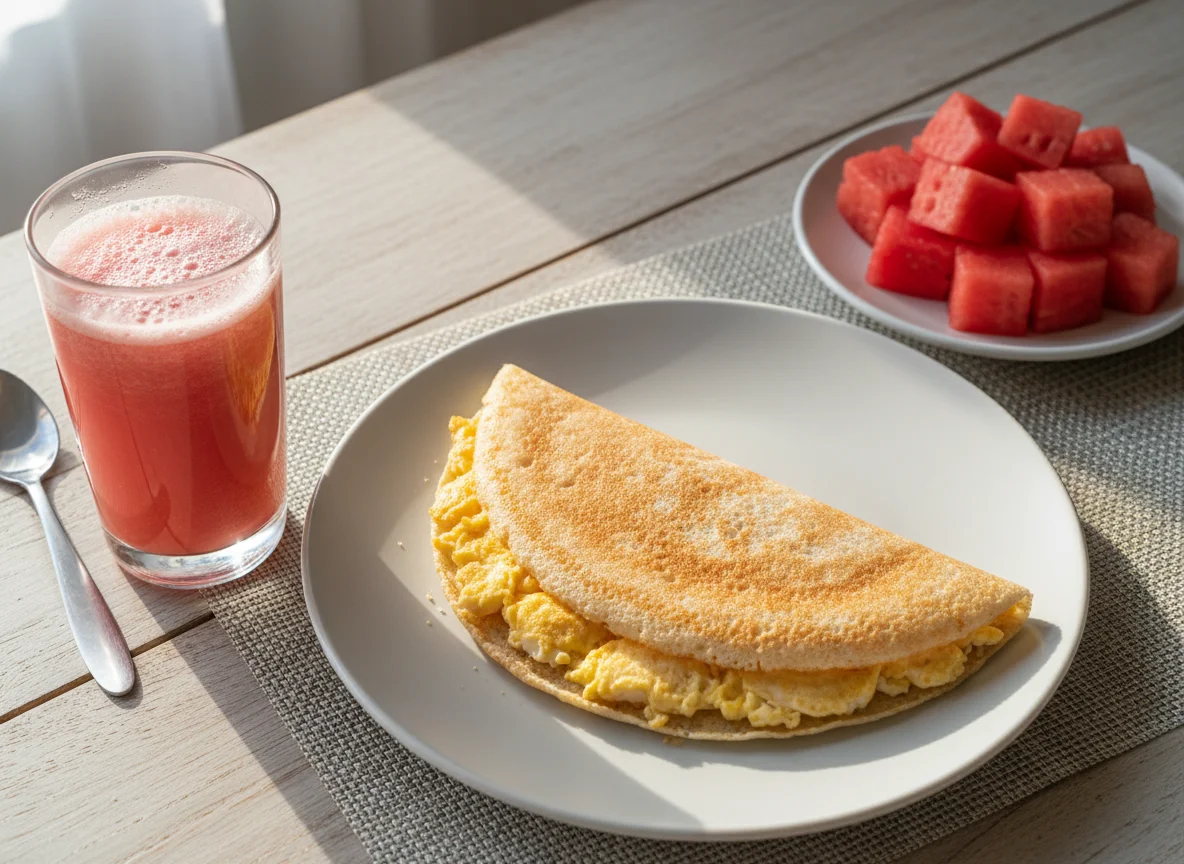 Café da manhã com tapioca, melancia e suco photo
