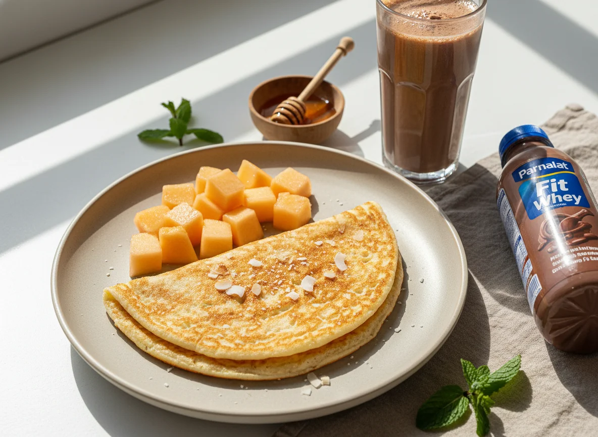 Café da manhã com tapioca, melão e bebida proteica photo