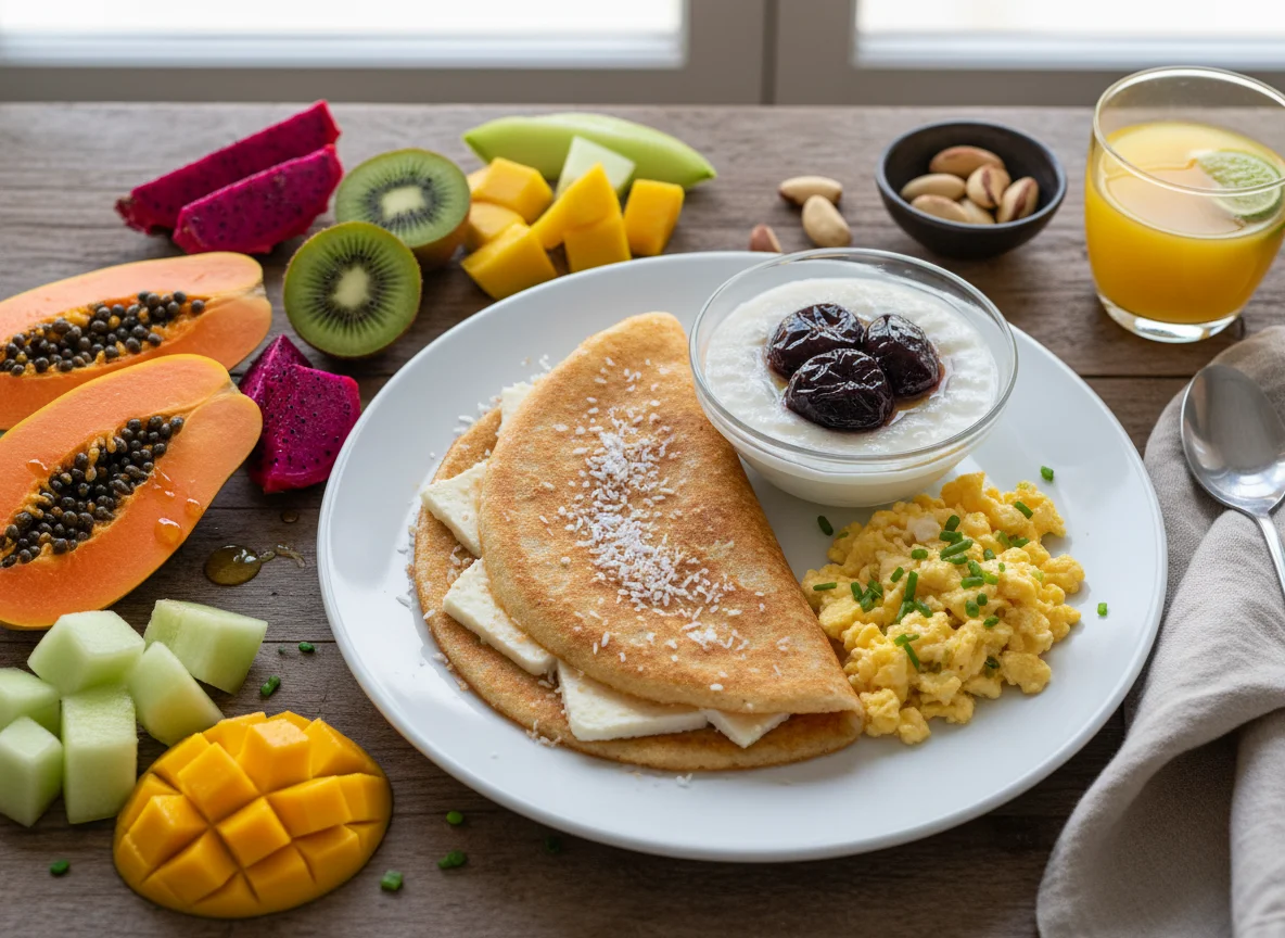 Café da manhã com tapioca, ovos e frutas photo