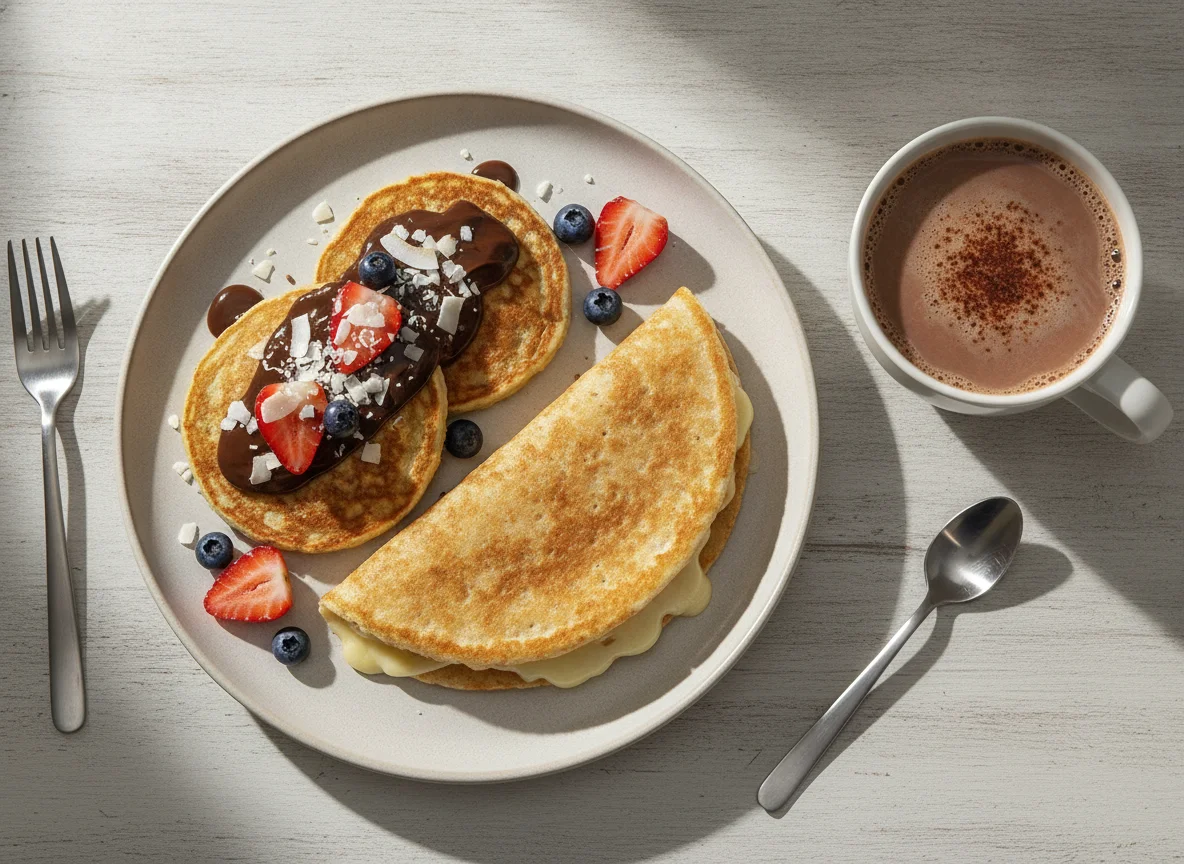 Café da manhã com tapioca, panquecas de aveia e chocolate quente photo