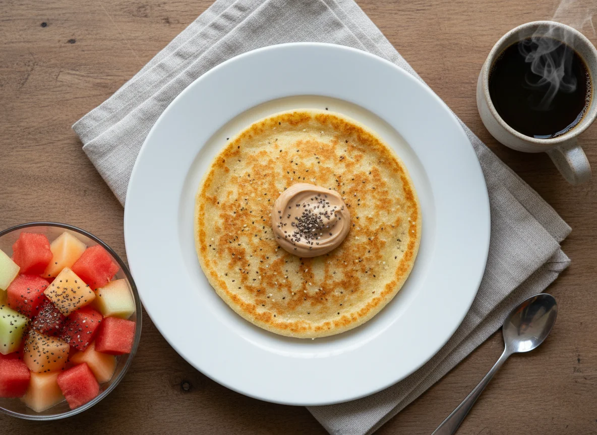 Café da manhã com tapioca, salada de frutas e café photo