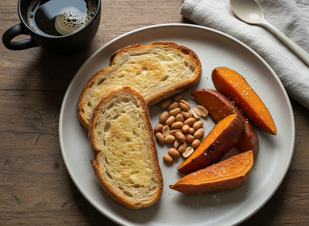 Café da manhã com torrada, batata doce e amendoim photo