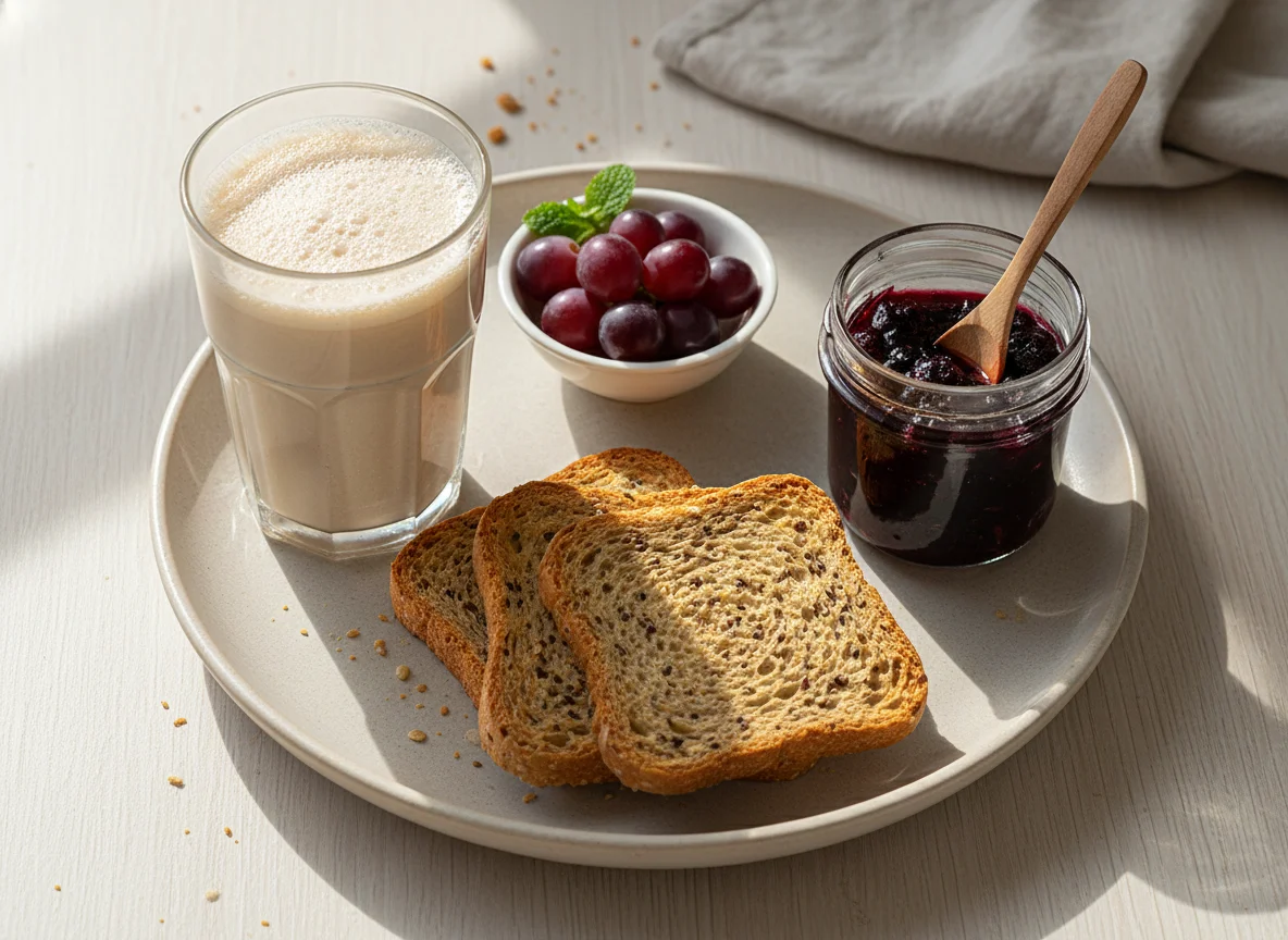 Café da manhã com torrada, bebida proteica e geleia photo