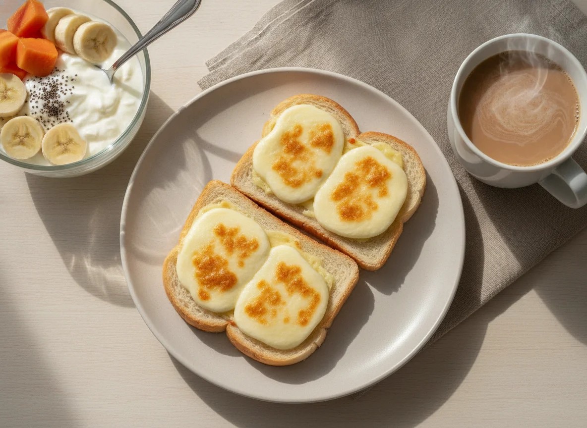 Café da manhã com torrada, café com leite e iogurte com frutas photo