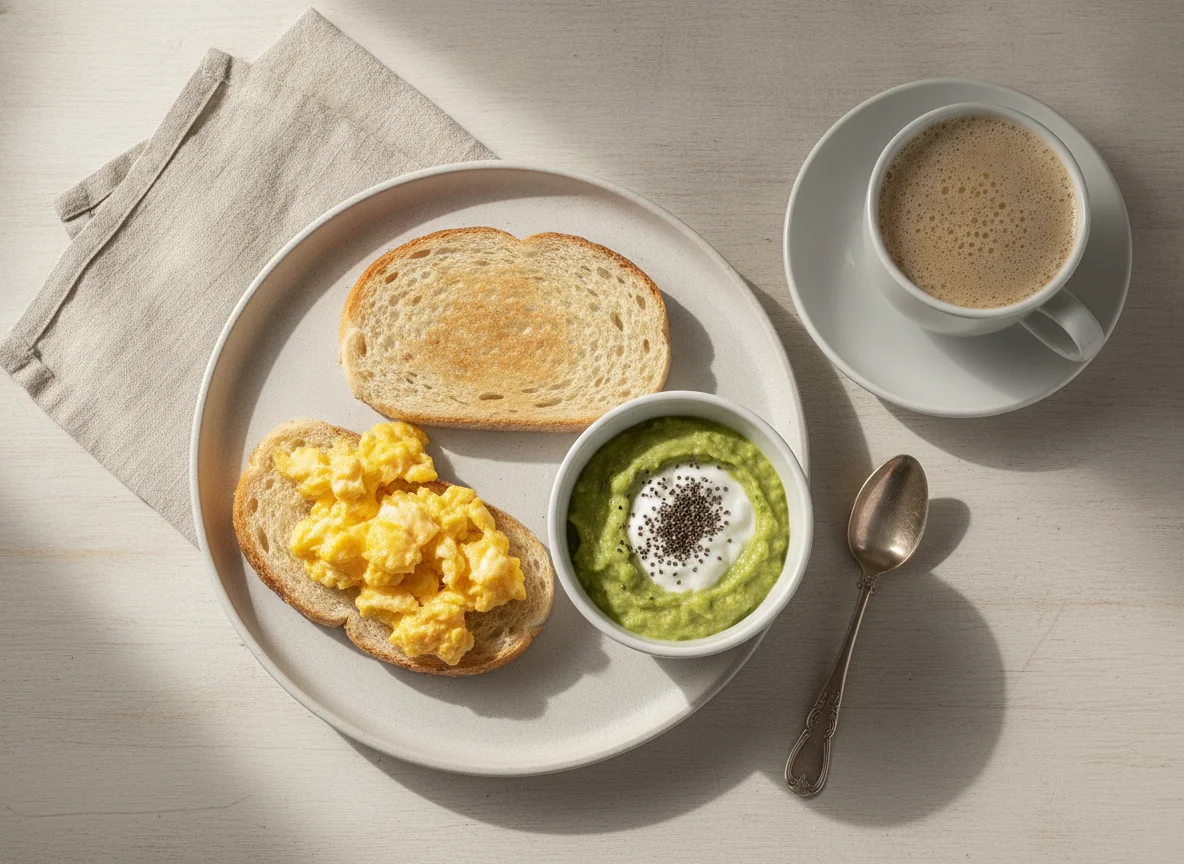 Café da manhã com torrada de ovo, iogurte com abacate e café com leite photo