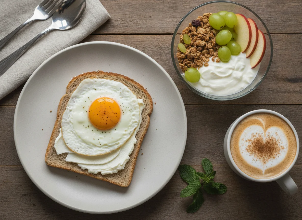 Café da manhã com torrada de ovo, iogurte com frutas e cappuccino photo