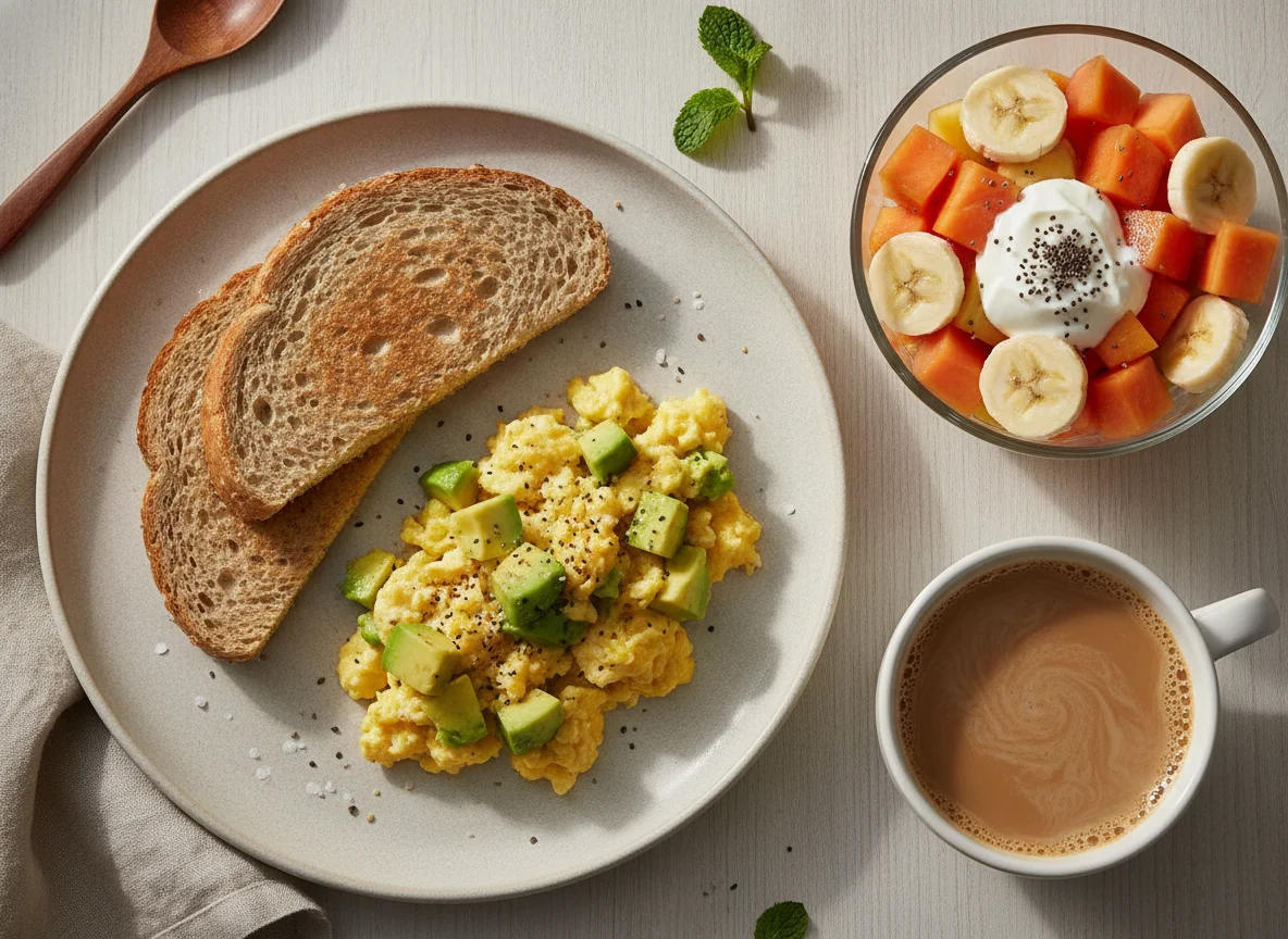 Café da manhã com torrada de ovo, salada de frutas e café com leite photo