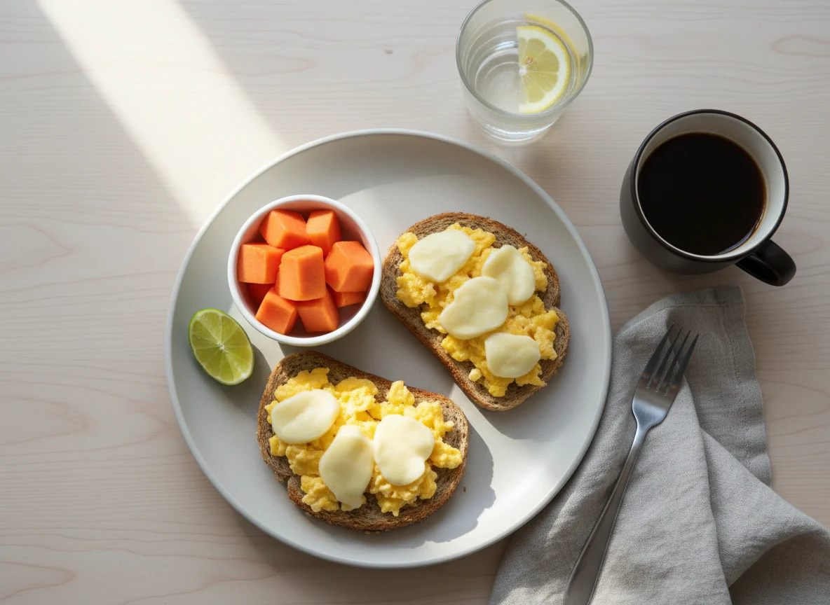Café da manhã com torrada de ovos e mamão photo