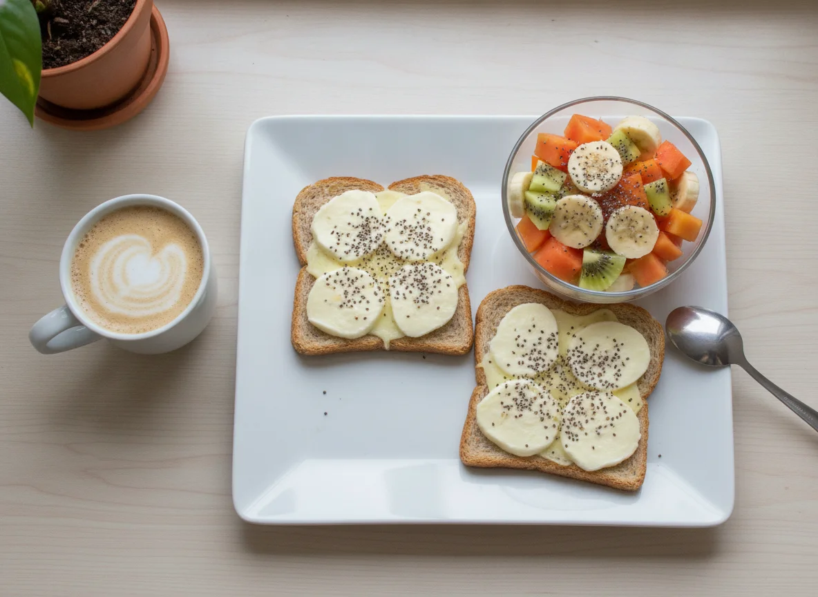 Café da manhã com torrada de queijo, café e salada de frutas photo