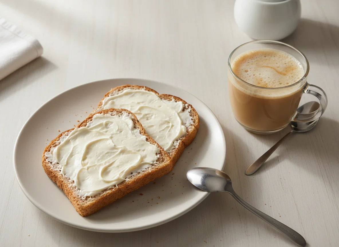 Café da manhã com torrada e café com leite photo