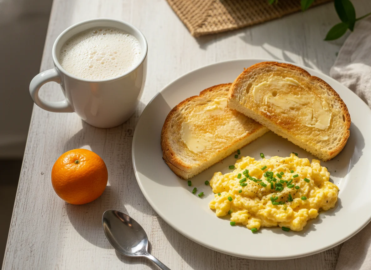 Café da manhã com torrada e ovos mexidos photo