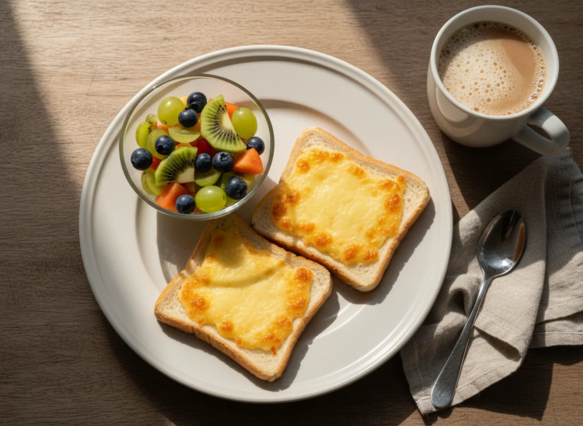 Café da manhã com torrada e salada de frutas photo