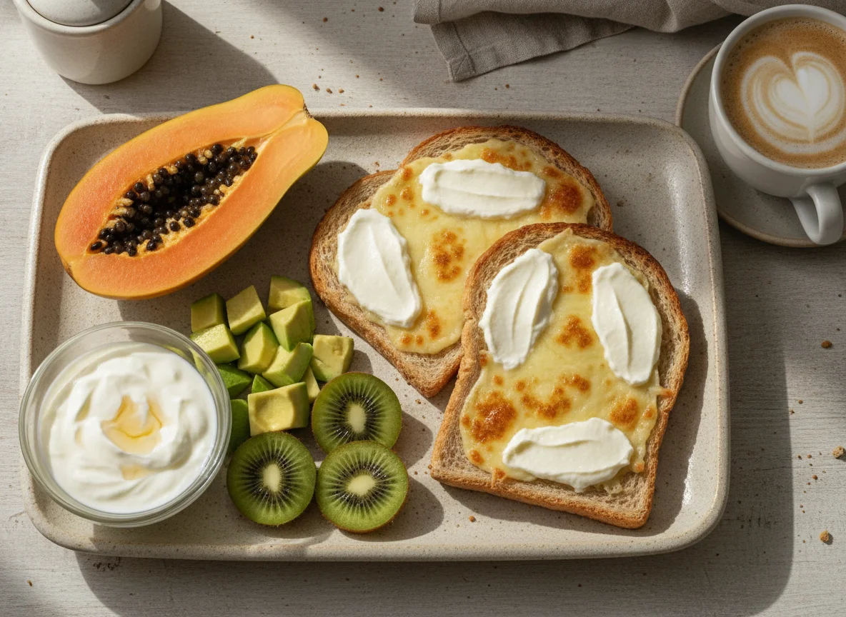 Café da manhã com torrada, frutas e café com leite photo