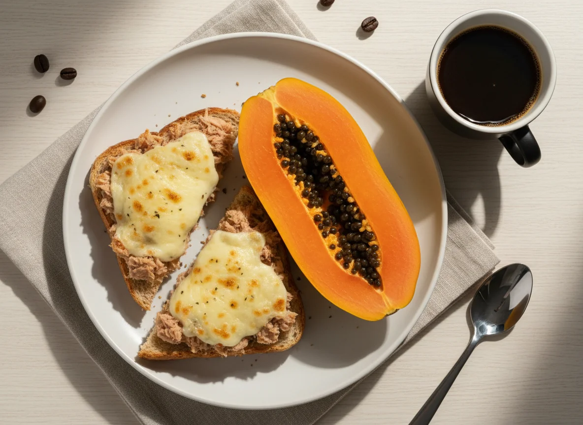Café da manhã com torrada gratinada e mamão photo