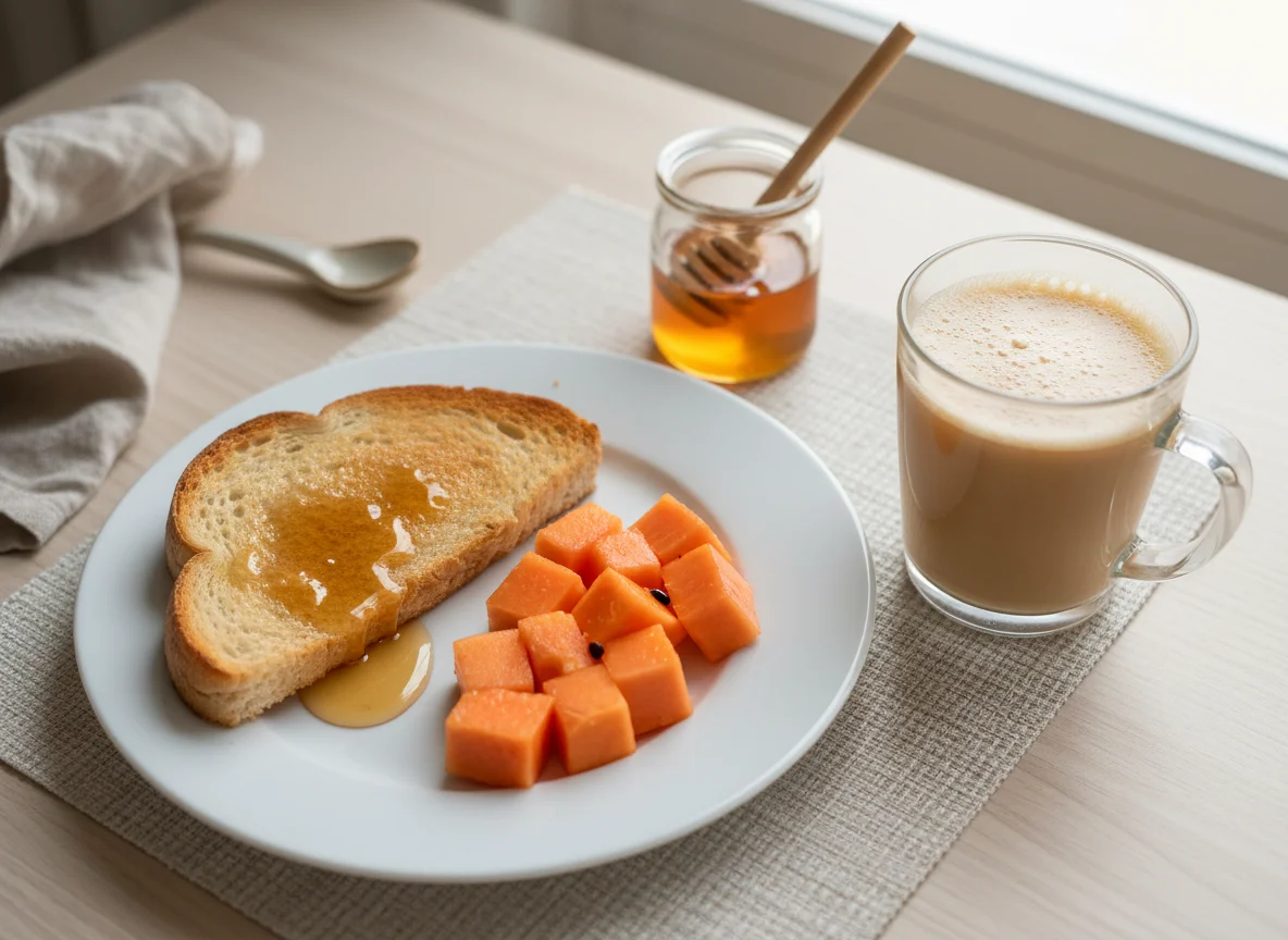 Café da manhã com torrada, mamão e café com leite photo