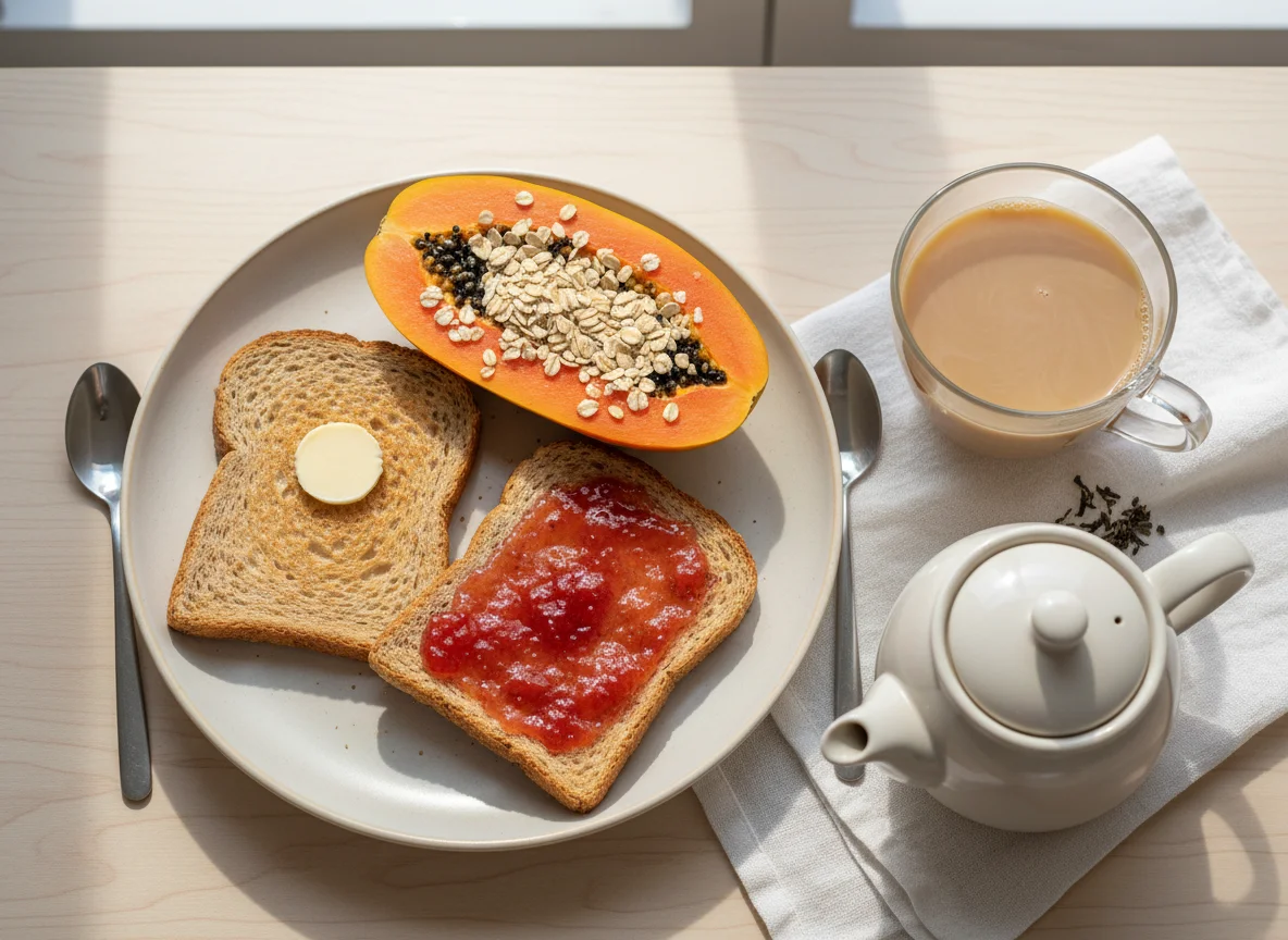 Café da manhã com torrada, mamão e chá photo