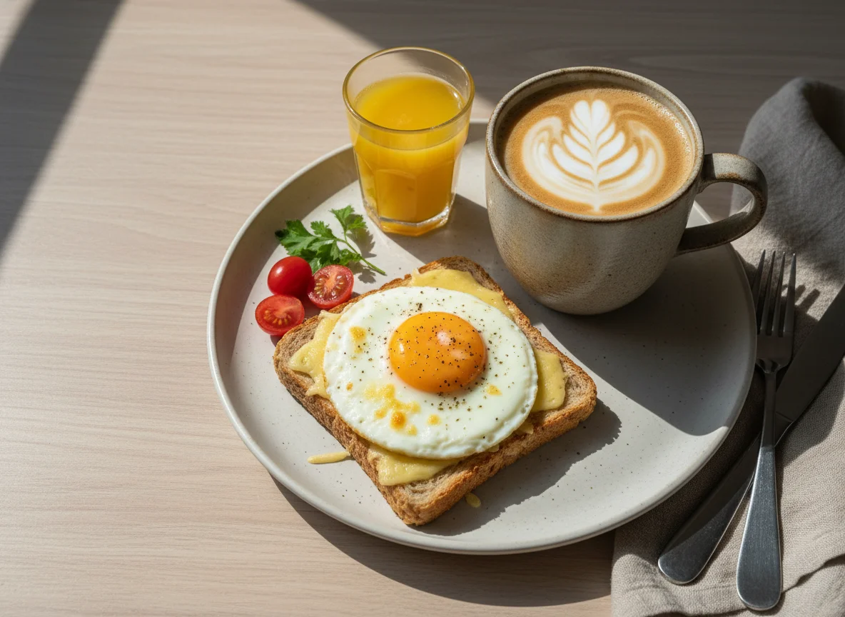 Café da manhã com torrada, ovo e café com leite photo
