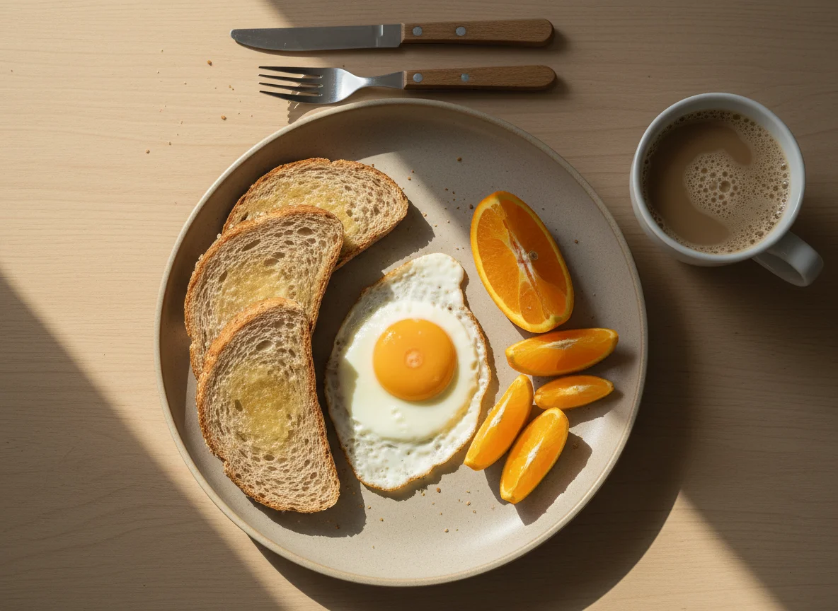 Café da manhã com torrada, ovo e laranja photo