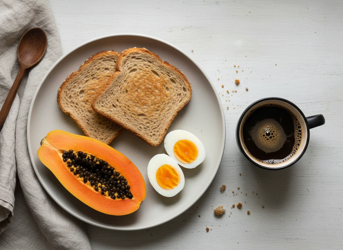 Café da manhã com torrada, ovos e mamão photo