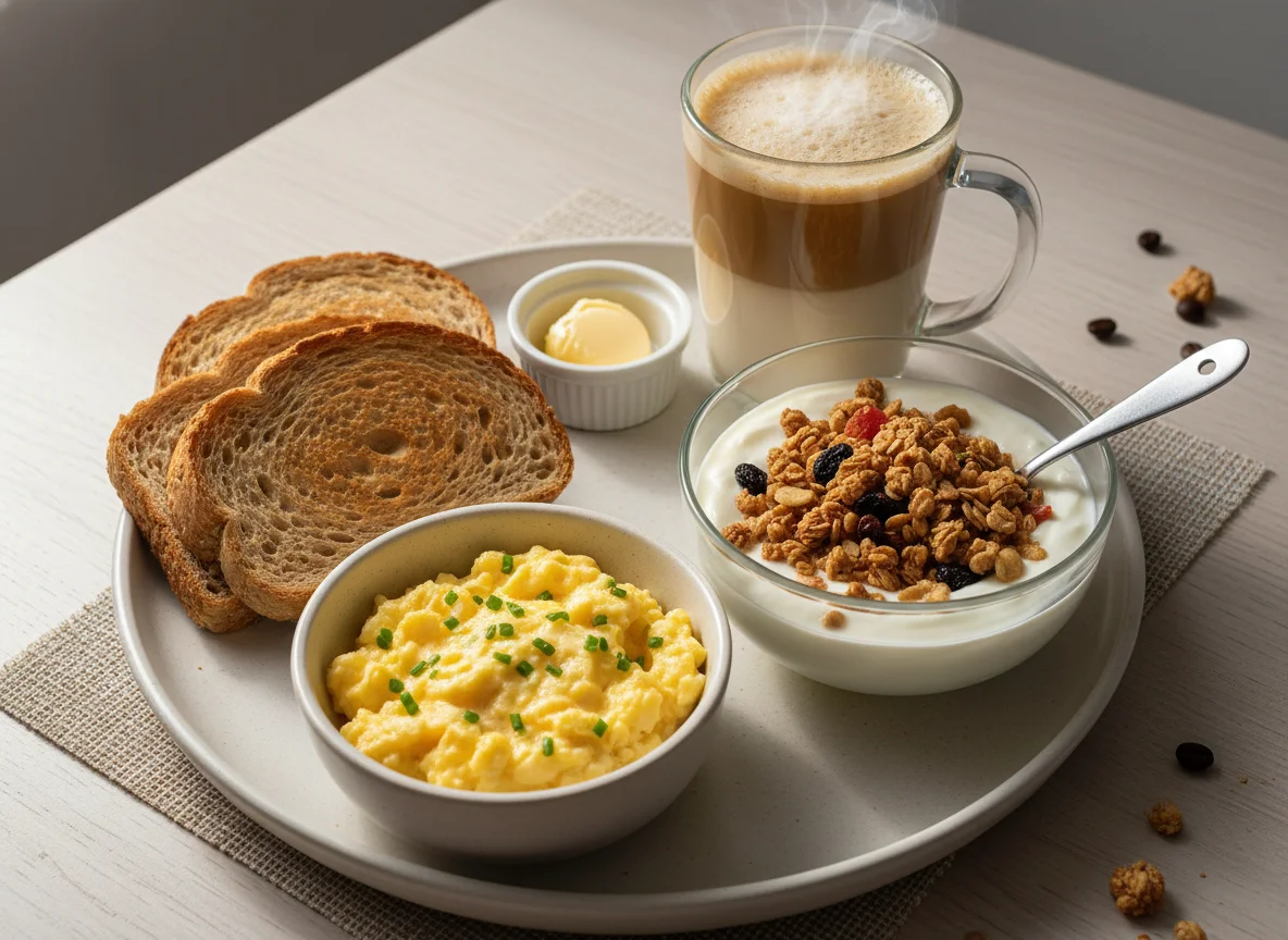 Café da manhã com torrada, ovos mexidos, iogurte com granola e café com leite photo