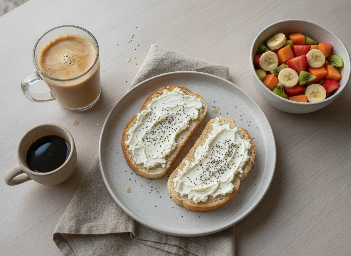 Café da manhã com torrada, salada de frutas e café com leite photo
