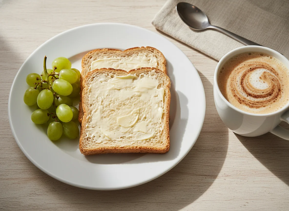Café da manhã com torrada, uvas e café com leite photo