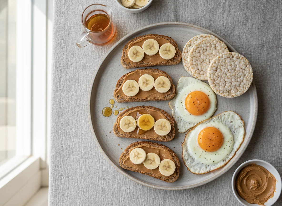 Café da manhã com torradas, ovos e biscoitos de arroz photo