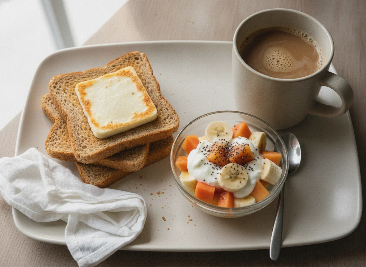 Café da manhã com torradas, salada de frutas e café com leite photo